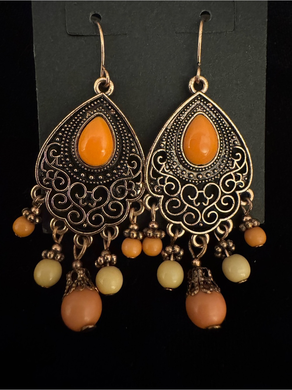 Bohemian Teardrop Dangle Earrings with Orange Beads